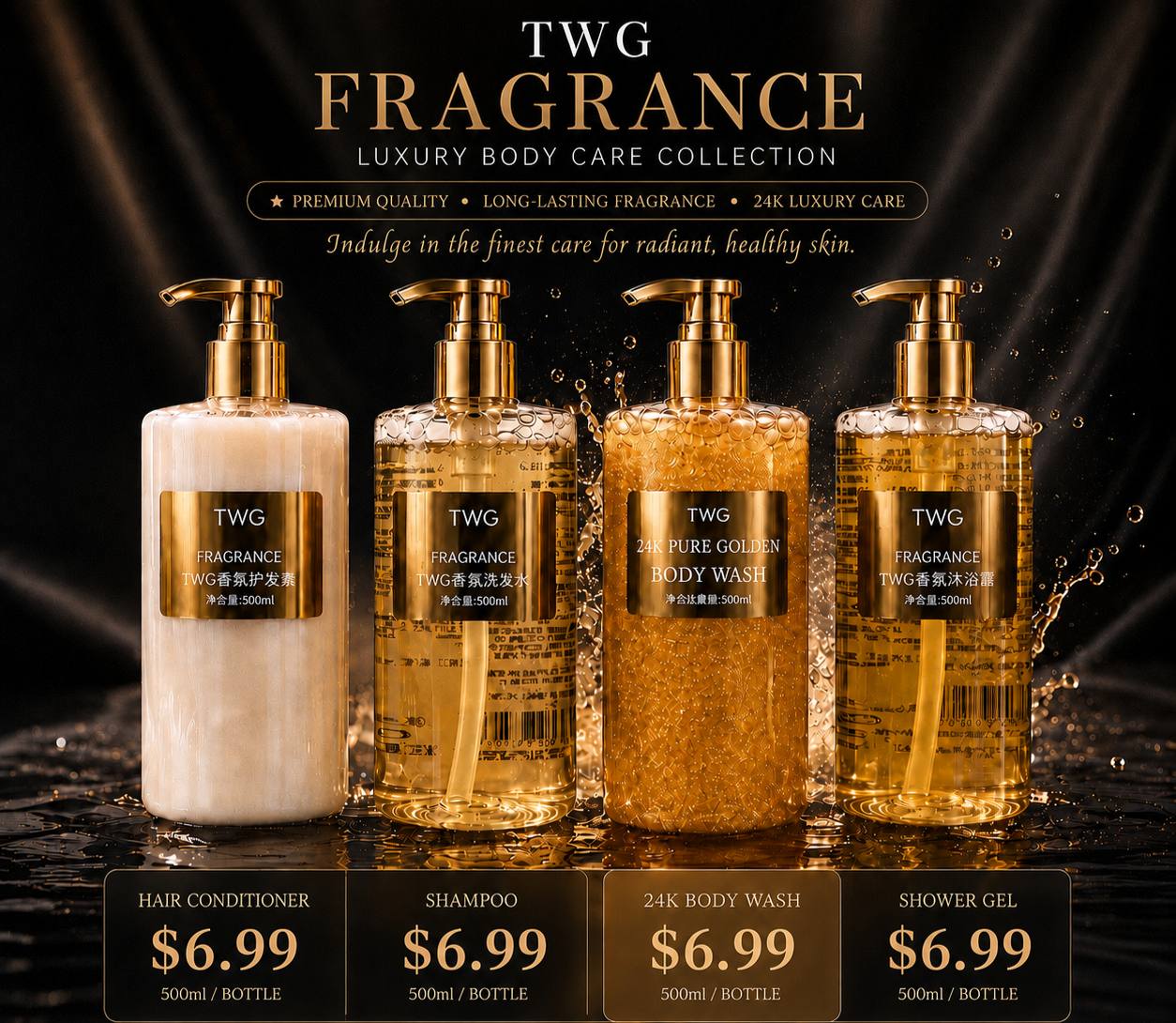 TWG Fragrance price list: conditioner, shampoo, 24k body wash, shower gel